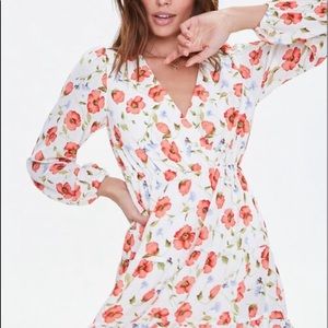 White & pink floral long sleeve v neck mini dress